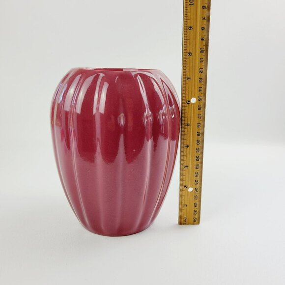 Burgundy Red Ribbed Ceramic Flower Vase 7.5" Tall, Glossy Finish with Vertical G - Picture 7 of 10